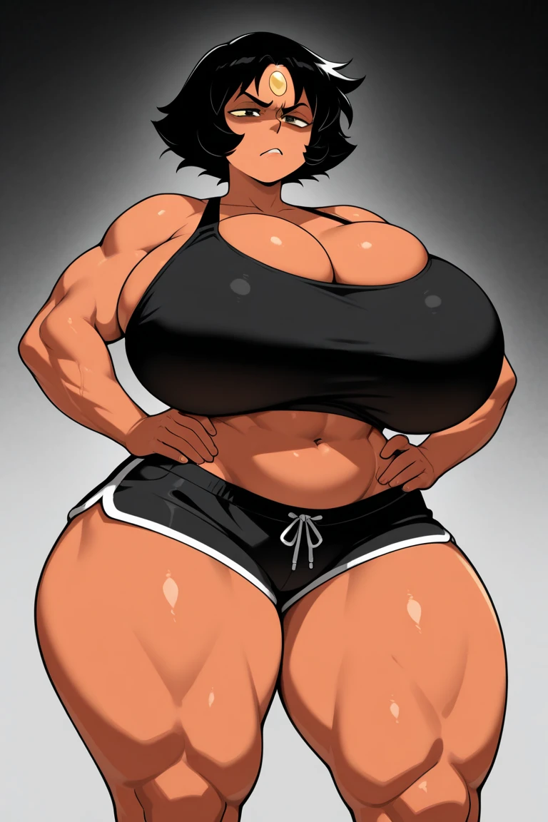  score_9, score_8_up, score_7_up, score_6_up, source_anime, BREAK 
1boy, offscreen gothmom, multicolored hair, hair over eyes, black lipstick, black dress, long sleeves, belt, bare shoulders, cleavage, , hyper breasts , mother , hourglass figure, thick thighs, voluptuous , (huge thic:1.9) (large curvy:1.9)detalied eyes], score_9, score_8_up, score_7_up, score_6_up, score_5_up, score_4_up,huge breasts, 
shrug \(clothing\), , thick thighs, thighhighs,], ,    ,blue eyes,  detalied pupiles,  huge ass, (fat ass:1.9)bimbo  bid lips , large curvy,  huge breasts,  2d,asura style {{score_9, score_8_up, score_7_up, source_Cartoon, rating_explicit, very aesthetic,}} BREAK {{{(simple gym background:1.1) lovely mom, , covered nipples)}, perfect face, perfect hands}} BREAK {{}} huge breasts, huge ass, big ass, massive ,ass focus demon girl huge butt  (hyper curvy:1.5) (huge thic:1.5) (large curvy:1.5) 1girl,offscreen male, dark-skinned male,cum string, (balls on face, size difference, high detail, close-up, upper body portrait),  
(fat, chubby), (((tanned, pacific islander woman)), green eyes, beauty mark, hoop earrings, tomboy haircut, short black hair, short straight hair),
black loincloth, wearing black elbow gloves, thighhighs, gold collar, tight shirt, undersized shirt, bursting breasts,
medium breasts,areola slip,(hyper ass, thick thighs, wide hips)),  sweat, saliva, drool, heavy breathing,huge penis, enormous penis,
BREAK score_9, score_8_up, score_7_up, score_6_up, source_anime, rating_explicit , 