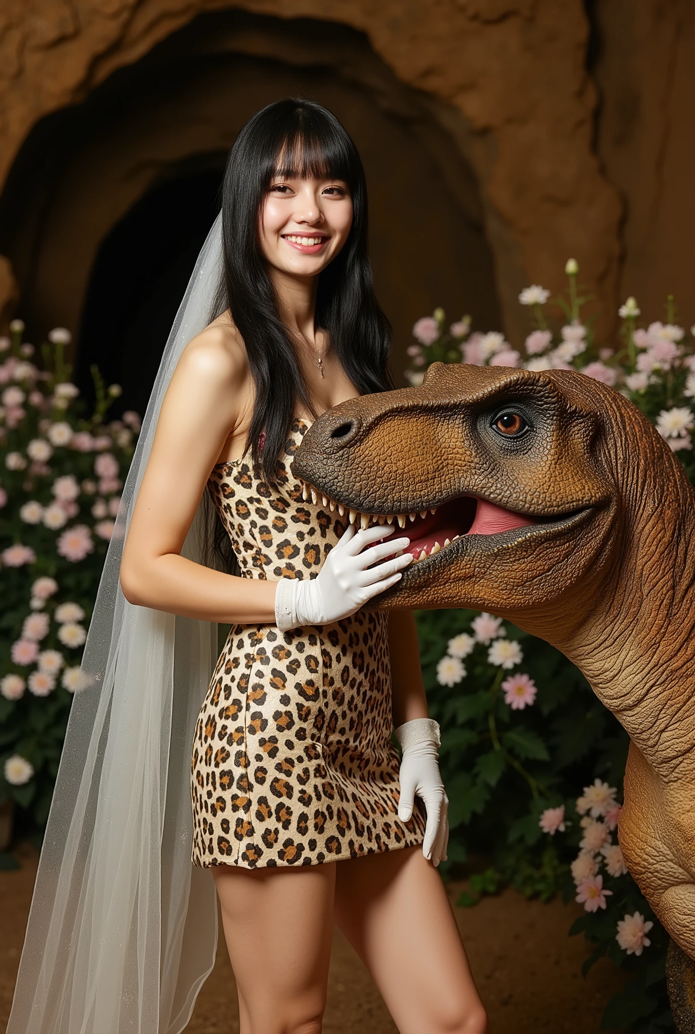 Create a portrait of a stunning Japanese female singer at a formal wedding. She has a slim figure, small breasts, and slender legs, with long hair and bangs. She is wearing a Paleolithic-style leopard print mini wedding dress, complete with a wedding veil and gloves. The singer is smiling beside a Tyrannosaurus rex, set against the backdrop of a flower garden cave, illuminated with cinematic lighting.