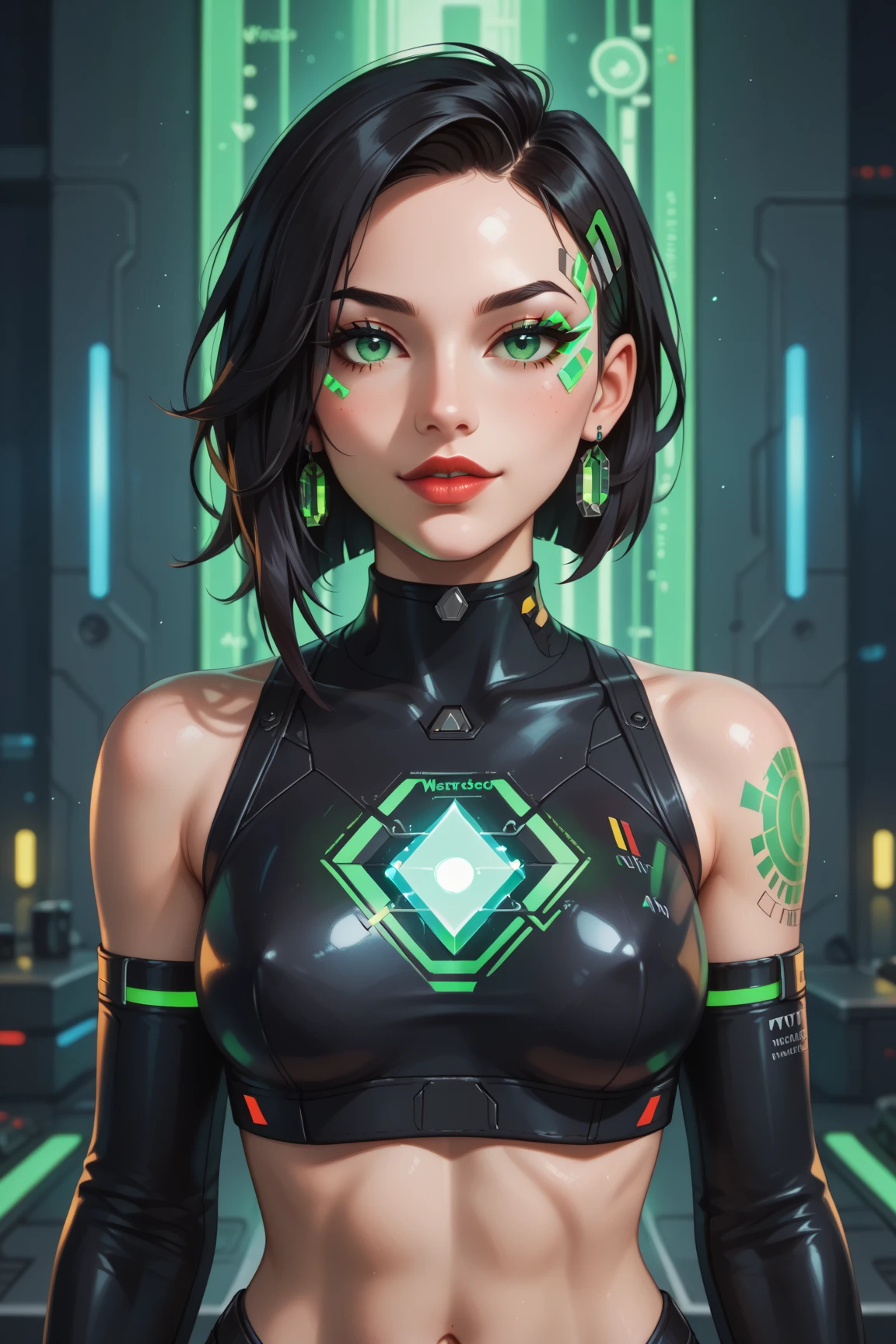 score_10, score_9_up, (masterpiece:1.5), (best quality:1.5), (ultra detailed:1.5), (award winning:1.3), style_neonpunk, style_digital_art, (1girl:1.4), NoirCyberpunk-inspired digital art: HannaH Owo as a Millennial tech designer with sleek black hair, emerald green eyes. Augmented reality workspace, holographic interfaces. Neon-infused color scheme, futuristic geek aesthetic, confident pose with cutting-edge tech.