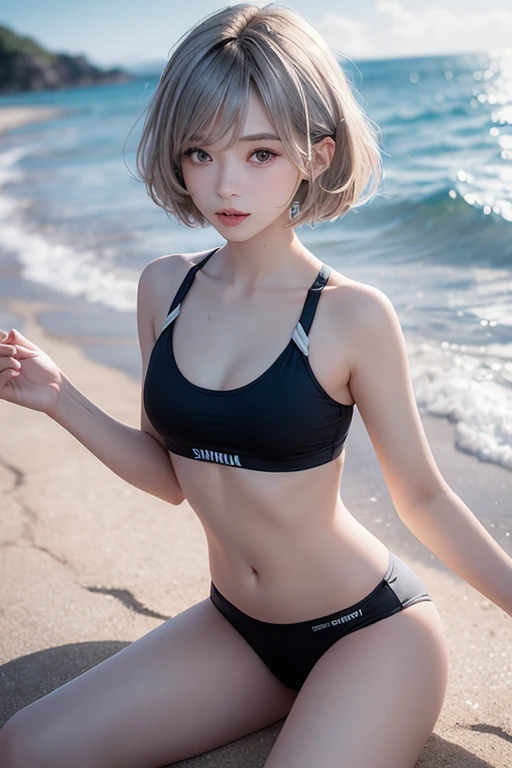 (Original Character、Unity 16K Wallpaper, masute piece, Best quality, Ultra-detailed, extremely details CG, Caustics, Cinematic lighting, Detailed, Beautiful detailed eyes, Solo), Ultra High Resolution, Fine skin, (track and field:1.2) 、(strong lights)、Oily skin,Smile , front from:1.2、(Sexy Women)、arena、Full body shot、Separate、Racing Bloomers、show off belly,show off neck,Clear Day、Cowboy Shot,blue hairs、sit on a bench,Open legs,a pixie cut,blush angry