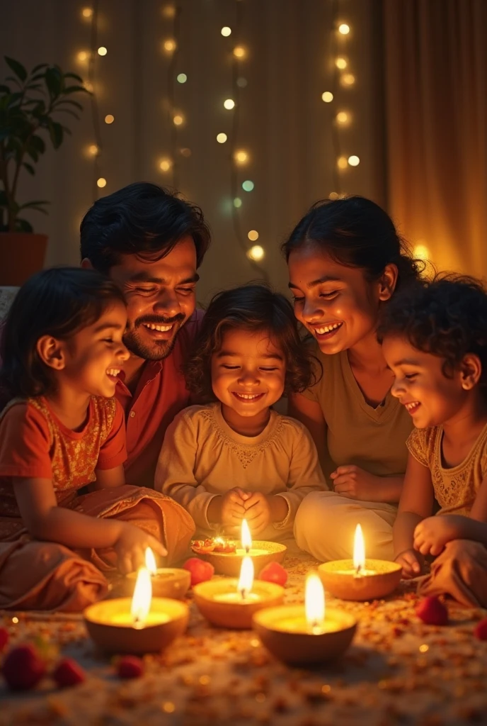 Family and kids celebrating diwali festival where the house is decorated with lights and diya