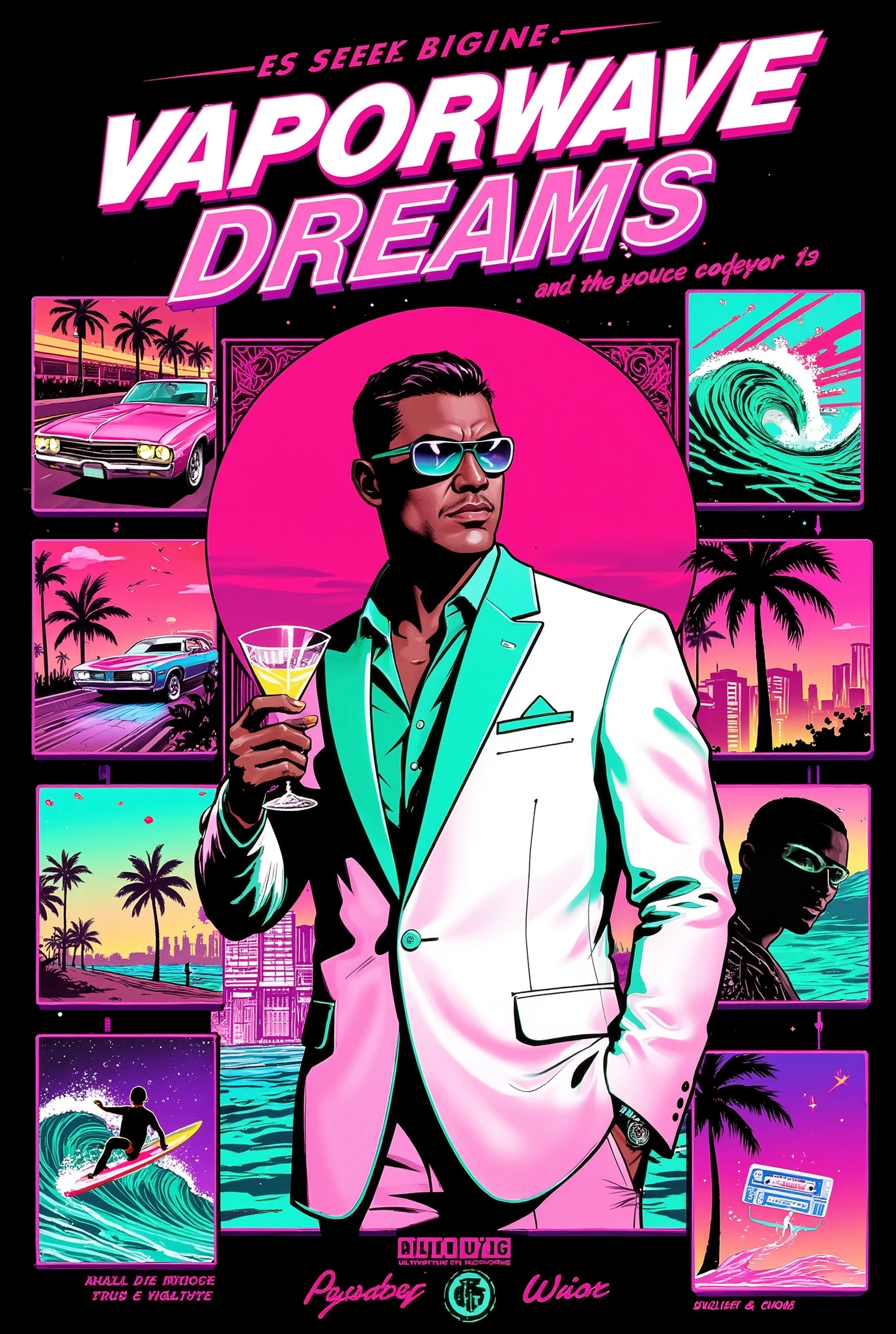 A bold vaporwave-inspired illustration, styled like the iconic covers of classic games such as GTA Vice City. The composition features a vibrant collage of retro characters and scenes divided into distinct panels, each bordered by sharp neon lines.
The centerpiece displays the main character: a suave figure dressed in a white blazer with teal lapels, holding a glowing cocktail glass. Their sunglasses reflect the pink-orange gradient of a setting digital sun. Surrounding them are smaller panels depicting vaporwave themes, such as a futuristic car with chrome accents speeding along a neon-lit road lined with palm trees; a silhouetted surfer riding pixelated waves under a starry purple sky; and a holographic cassette tape spinning in the air with glitch effects visible.
The background is drenched in bright gradients—pink, teal, and purple—evoking the nostalgic Miami aesthetic of the vaporwave era. Above all, bold text reads "Vaporwave Dreams" in a stylish blocky font reminiscent of classic game titles, paired with secondary titles in cursive, creating a retro-futuristic charm. Style: cinematic, bold, and dynamic, with a nostalgic, cybernetic twist