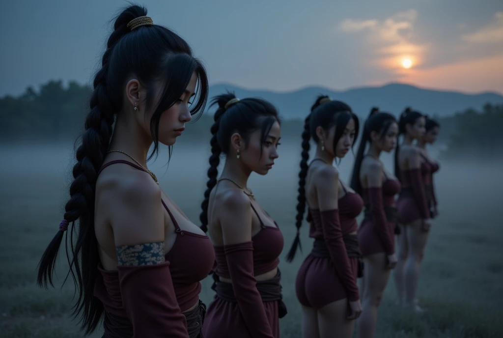 Multiple Shinobi Beauties,Each large organization,Cool looking ：1.2,There are many types of faces、There are many types of hairstyles and hair colors:1.5,Well-Trained Body,Adult body type,???????????、clothes are ?????? shinobi costumes、?????? ARMOR：1.3、Metal leather equipment、Exposed：1.3、caught and threatened by enemies,Before execution、only beautiful womenしかいない：1.2、Vast natural environment,Twilight Sky,moonlight,fog can get in,A sense of urgency,Dark Fantasy,digital art,photorealistic,high resolution,4K,Extremely tight,professional on stage floor, vibes,deep focus,realistic colors,dim,Bluish, mysterious 、greatest masterpiece、night,only beautiful women