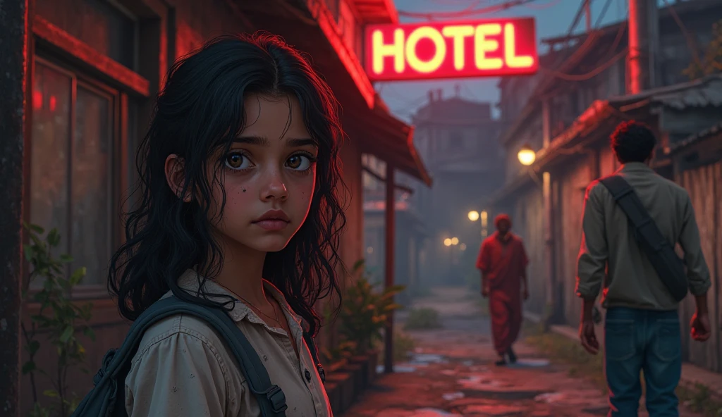 Create a highly detailed digital illustration, ancient style pictures, semi-realistic art, ultra HD dynamic 4K image quality. Young Riya (as described at 11) standing outside a seedy hotel, her face dazed, eyes unfocused. Vijay (as described) walks ahead, not looking back. The hotel has a flickering neon sign and a dark alley nearby. Ensure both faces are clear and consistent.