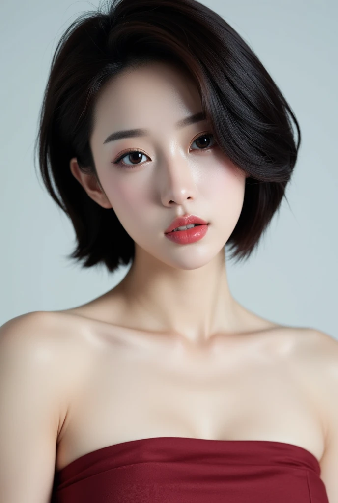 (NSFW), beautiful girl, brown eyes, ((beautiful slim teenage girl 18 year old, short hair color [Brown highlights hair], [undercut pixie] hair)), ((big tits)), lips, realistic, ((skinny body)), charming, pink lipstick, colorful makeup, long eyelashes, wearing eyeliner, fair skin, (cute), (detailed face), detailed eyes, detailed iris, complete naked, complete closed mouth,