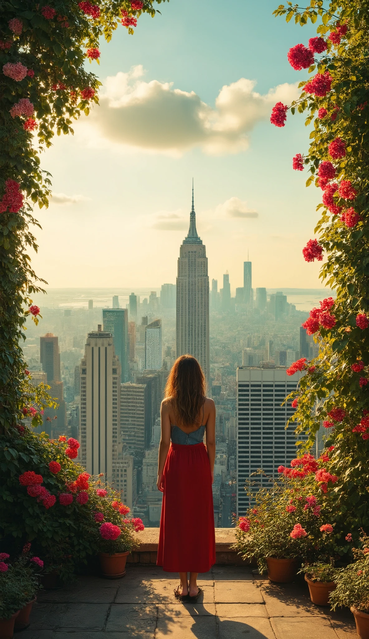 highdefinition images、New York cityscape、Views from the roof of a building、One woman in red clothes in denim、 Flowers and trees々The beautiful city of、Mysterious beings hidden in tree branches and mysterious colors of Central Park、 8k、 ( High quality summer ) A City Full of Fantasy、 Soft New York sunset、Big panorama takes center stage。