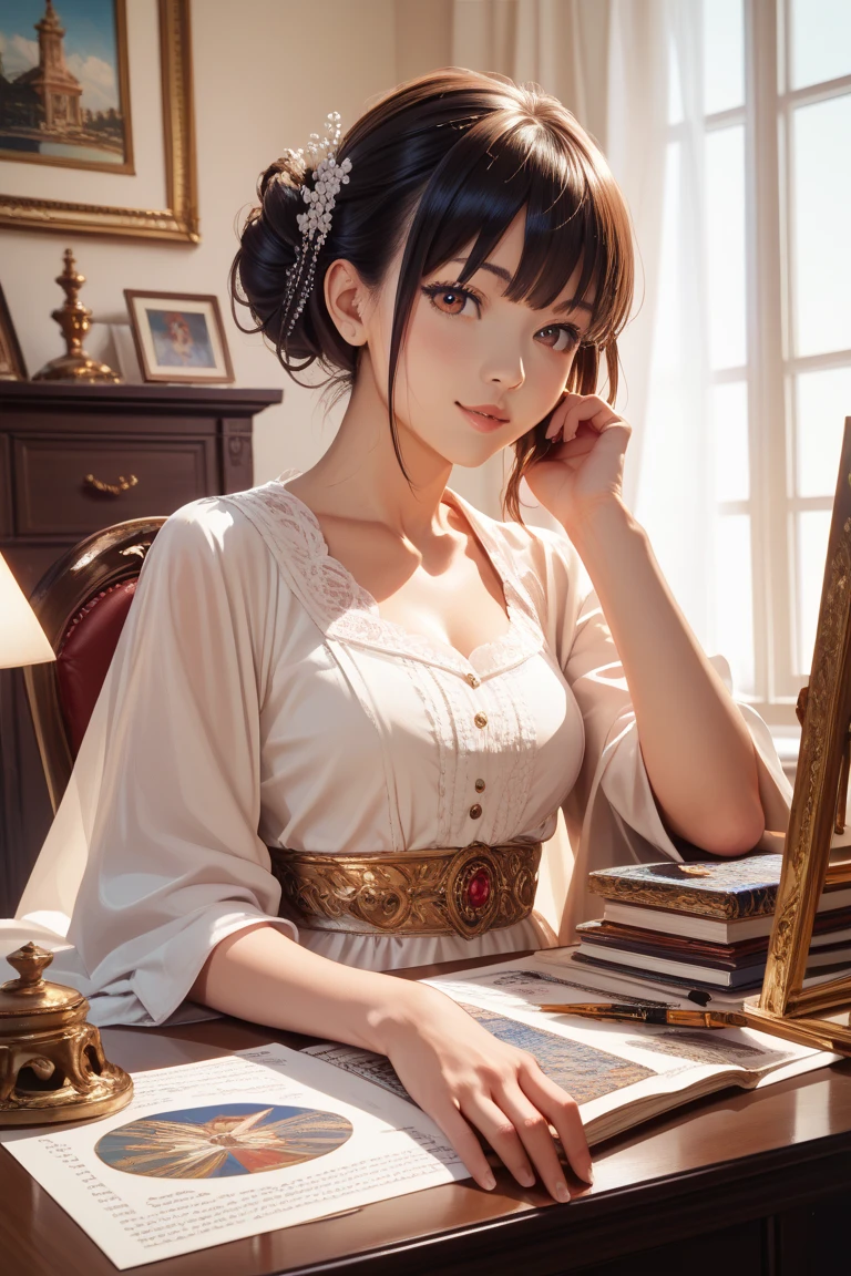 Full body photo of Kelly Brook, the most beautiful artwork in the world, World War II nurse sitting at a nearby table with a bottle of wine, smile, freckles, white dress, nostalgia, sexy, stethoscope, heart Ed Blinkey, professional majestic oil painting by Atey Ghailan, Studio Ghibli, by Jeremy Mann, Greg Manchess, Antonio Moro, Trends on ArtStation, Trends on CGSociety, Intricate, High Detail, Sharp Focus, Photographic Painting Art by Midjourney and Greg Rutkowski --auto --s2
