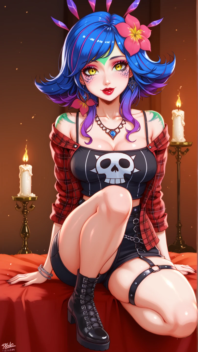 (ultra realistic,32k, masterpiece:1.2),(high detailed skin:1.1),( high quality:1.1),
<lora:WinxClubAmplifiedStormy:0.8>makeup, dark purple hair, short hair, curly hair, light purple front streaks,green eyes, bodycon dress,sleeveless,pantyhose,high heels, city park, sunshine, palms, blurry background,, (huge breast,large breast:1.1),(looking at viewer, lying, from above:1.1),<lora:add_detail:0.94>,
(tenebrism:1.1),