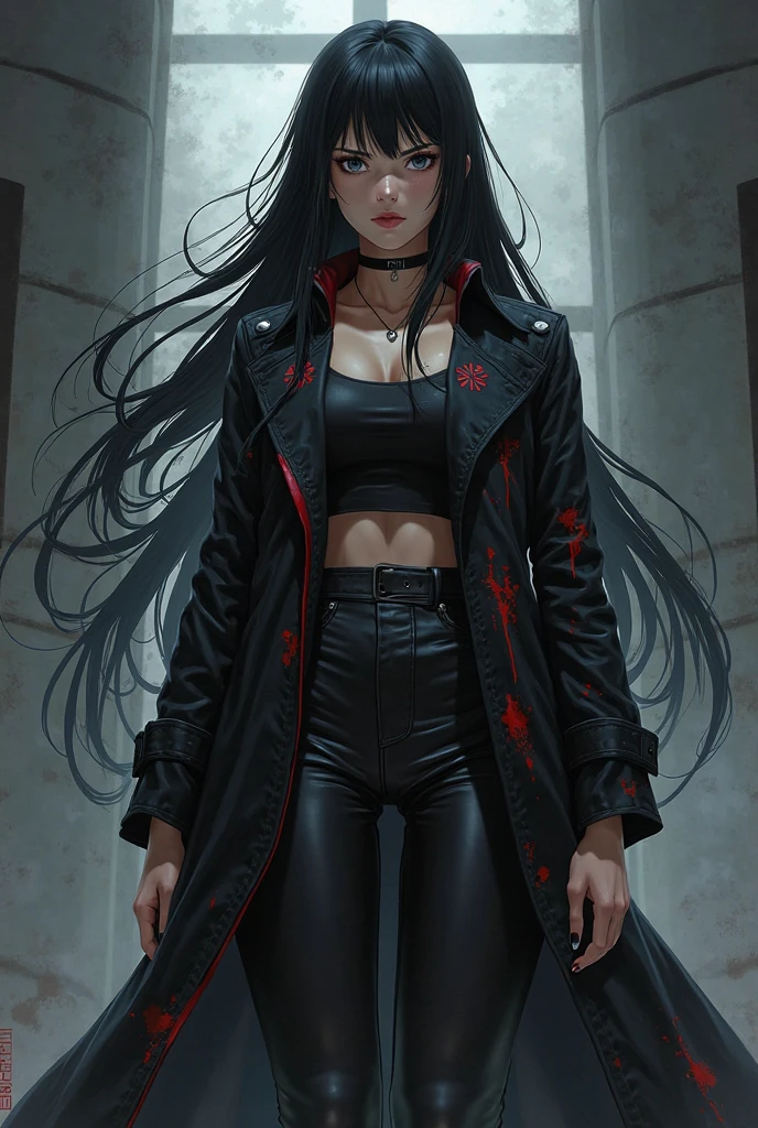 a tall 27-year-old woman, strong,  Serious and determined , athletic build, long black hair, dark eyes, wearing a black trench coat with blood-colored symbols. anime version