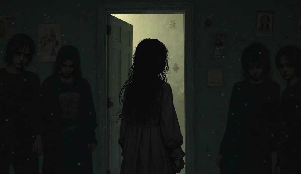 boy, In a long, dark hallway, ((Stains on the walls)), Dark clothing, Faceless,Blank Face、 Torn cloth, wherever,