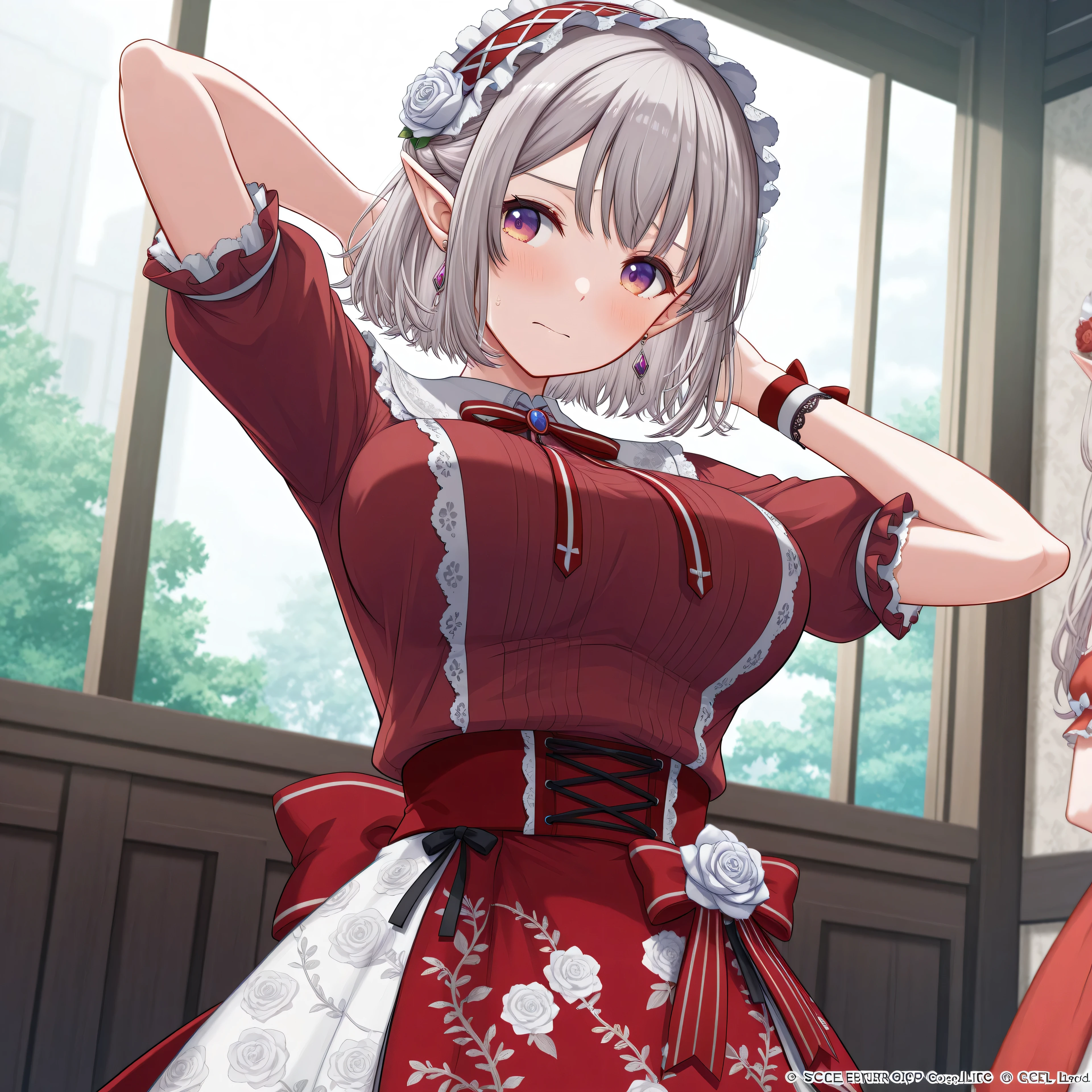 master piece、Best Quality,Super detailed,High resolution,Extremely detailed CG,Unity 8K Wallpaper,weat,score_9, score_8_up, score_7_up, score_6_up, score_5_up, score_4_up, source_anime,iji-elu,medium breasts,gradient eyes,red eyes,purple eyes,grey hair,pointy ears,short hair,bangs,earrings,niji-elucos1,red dress,lace-trimmed dress,frills,white collar,lace collar,neck bow,puffy short sleeves,red sleeves,single wrist band,long skirt,layered skirt,red skirt,white skirt,frills skirt,print skirt,white rose print,head dress,frills head dress,mature female,large breasts,embarrassed,arms behind head,arms up,lie on own back