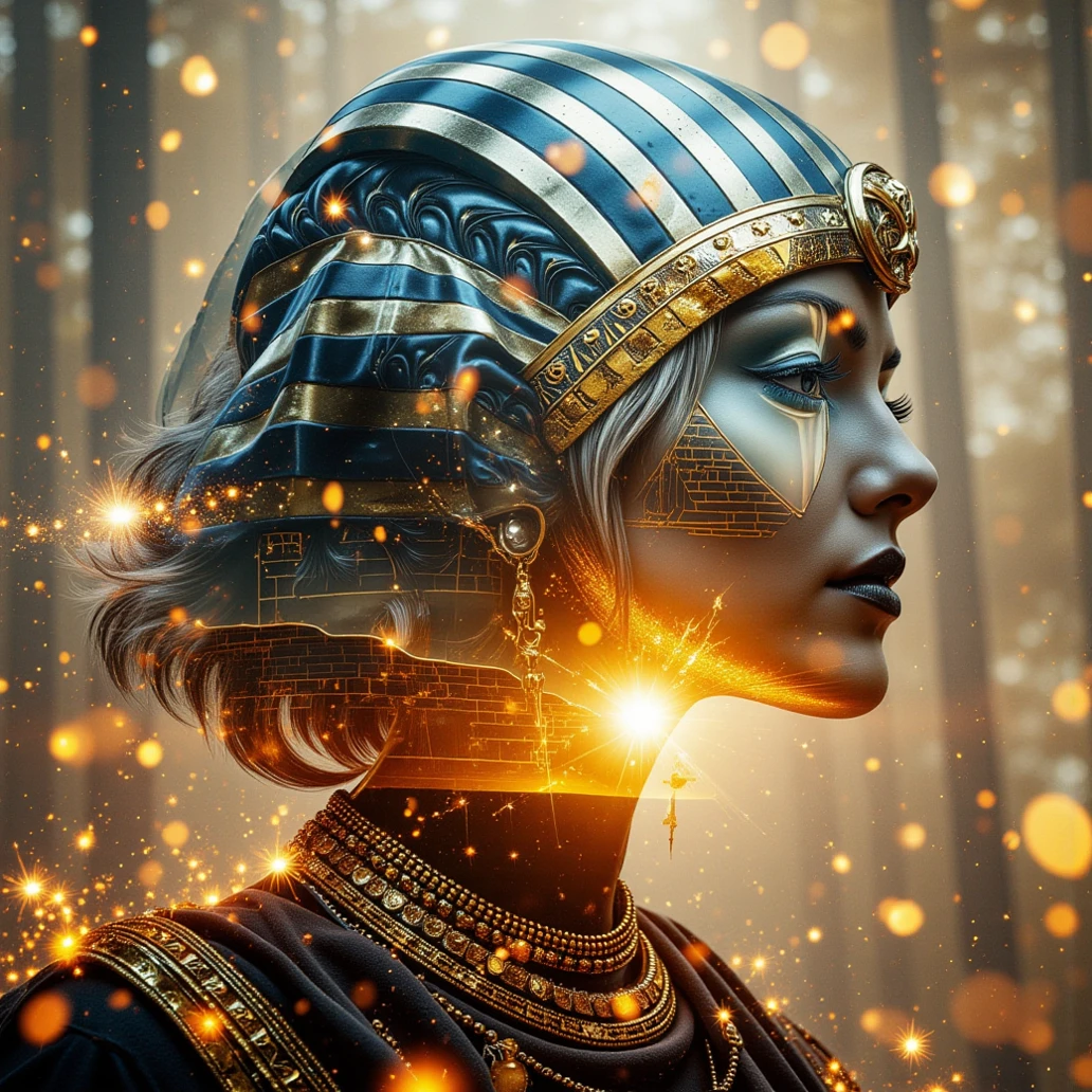 double exposure style, Prospect: Egyption God Ninja Turtle that wears gold and white egyptian god attire, including an intricate head dress. Silhouette: the name "MAB" overlayed an ancient firelit Egyptian tomb, a colossal hooded cobra. The friend to the god. Include Egyptian symbols, pyramid and great sphinx. Colorful, Dynamic Pose, Dynamic contrast ,Silhouette intensity strong, Double exposure, Floating Particle, High Resolution, Masterpiece, Depth Of Field, Image Fill, Super Detailed, UHD, Include shades of golds, blues, purples and greens