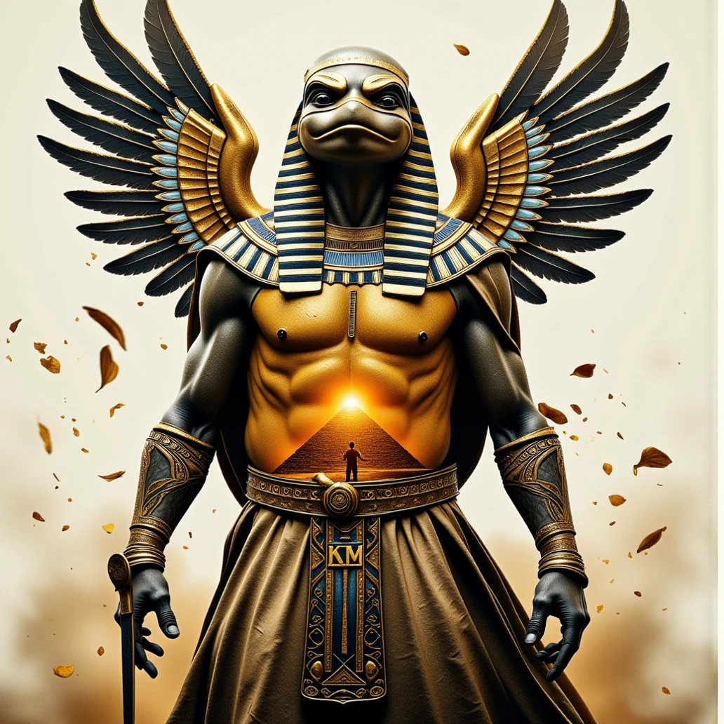 A vibrant Pop Art rendition of the Egyptian god Ra, adorned with Comic Book-inspired hieroglyphics. His golden body is illuminated with glowing, bioluminescent scales, a testament to his status as the Sun God. Radiant primary colors and dynamic shading bring this powerful deity to life, set against a backdrop of starry nights and fiery sunsets. Using the head and face of a falcon instead of the head and face of a human.