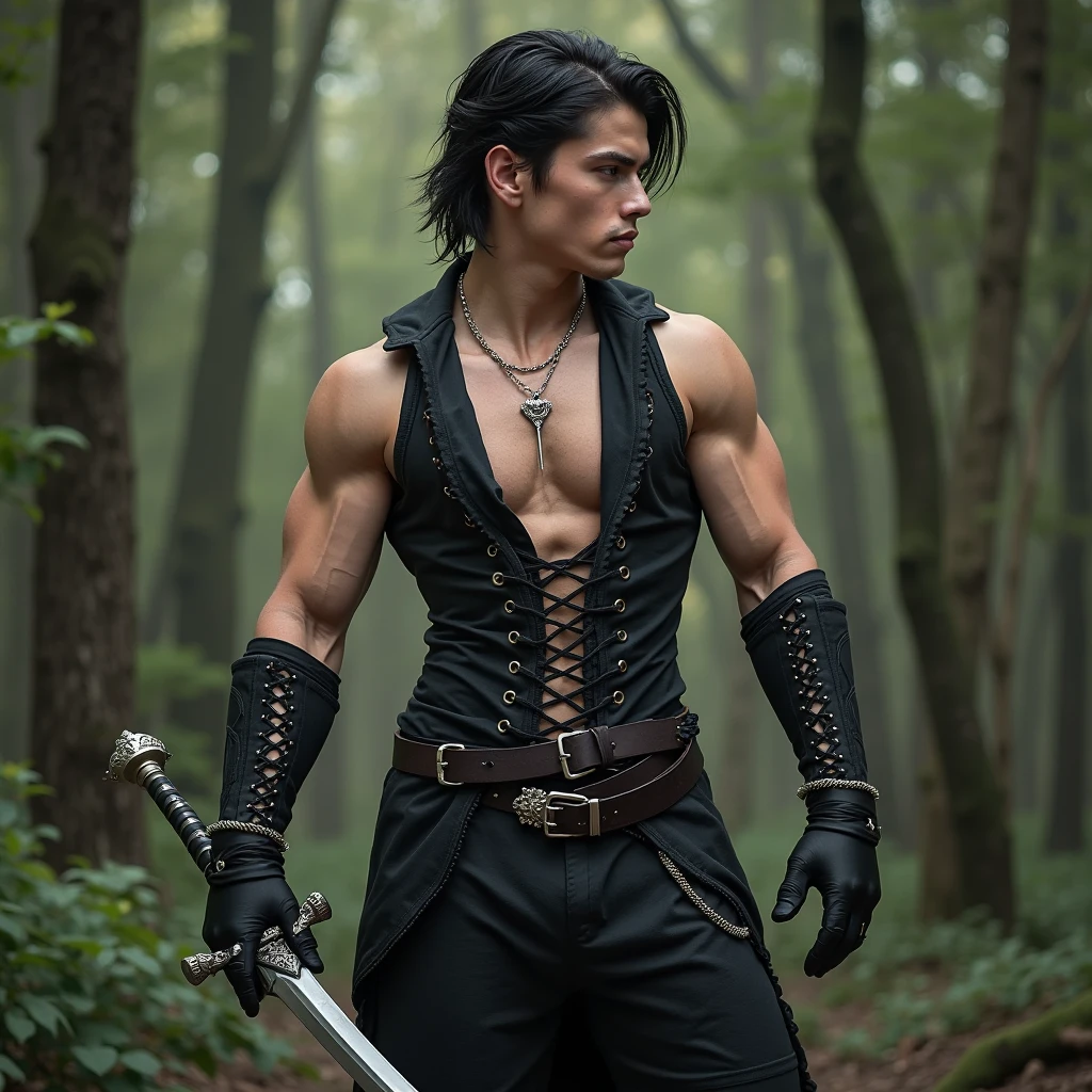 A muscular young man with black hair, wearing a black leather jacket, blue jeans, black motorcycle gloves, a black belt, and black combat boots, is standing in a forest. In his right hand, he holds a black sword engulfed in flames, and in his left hand, he holds a shield made of blue ice. Anime.