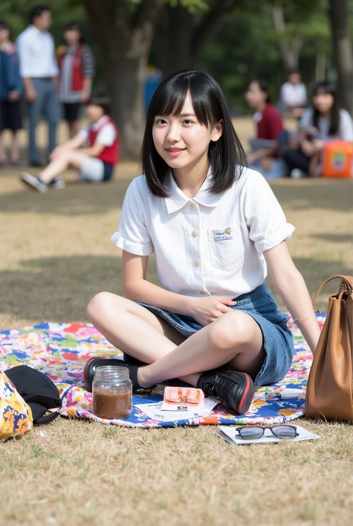 Beautiful woman reading on a park bench、Belly button look、mini skirt、a smile