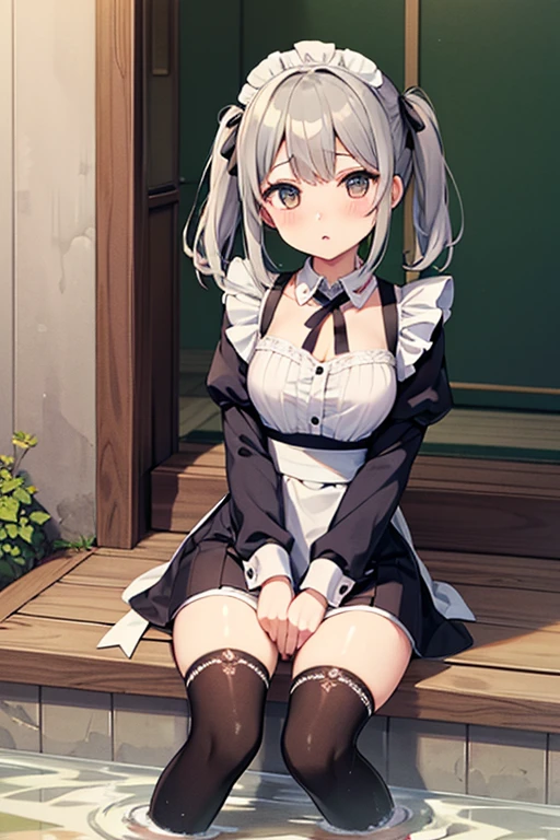 (best quality image), (film), 4320p, high qualiy, 8k (uhd), Filmed directly from below, Covert, Get closer, Anxiety, 真实感, Woman looking down, Semi-formal dress, volantes, Woman's style, Black thigh-high socks, Then, 14歳, breasts small, fully body, Black leather shoes, braided hair, Hair with ears , cor interior, fringes, prone, embarrassed face, black bob cut, wristbands, Street, árvores de Street, asphalt, Wall, sealion,