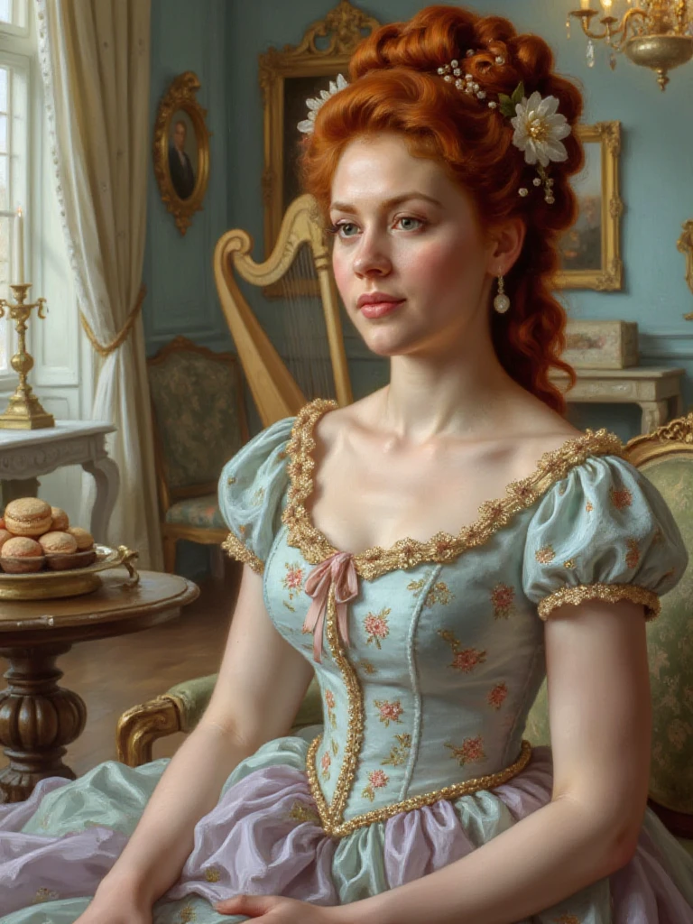 A breathtaking Rococo-style portrait of a beautiful redheaded woman with luminous green eyes, seated gracefully in an opulent salon. Her elaborate hairstyle is piled high with powdered curls, adorned with delicate pearls, silk ribbons, and tiny blossoms. She wears an extravagant Marie Antoinette-inspired gown in soft pastel hues—lavender, mint, and blush—with embroidered florals, cascading ruffles, and gold lace trim. Her porcelain skin glows softly in the candlelight, and her expression is one of serene confidence and playful charm. Behind her, gilded mirrors and pale blue damask walls reflect the elegance of 18th-century Versailles, with hints of luxury—plush cushions, a harp in the background, and a tray of macarons on a side table. The painting style is ultra-detailed, capturing every thread, curl, and sparkle with realism and grace