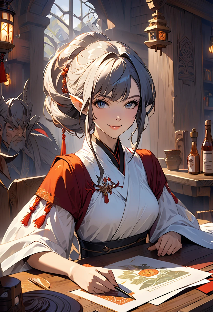 top quality,masterpiece,masterpiece portrait,intricate details,Magnificent Light,fantasy,dungeons & dragon,Retro, Priest ,Dark Elf,1 girl, wooden table,tavern,gray skin,Elegant smile,squint, Close Up Portrait of a Woman Drawn Man Wearing Gold Jewelry, Spider:0.9, web:1.0, fantasy,  volumetric lighting, concept art, Brush Stroke Style, Art Station, trend, very detailed, by Greg Rutkowski  