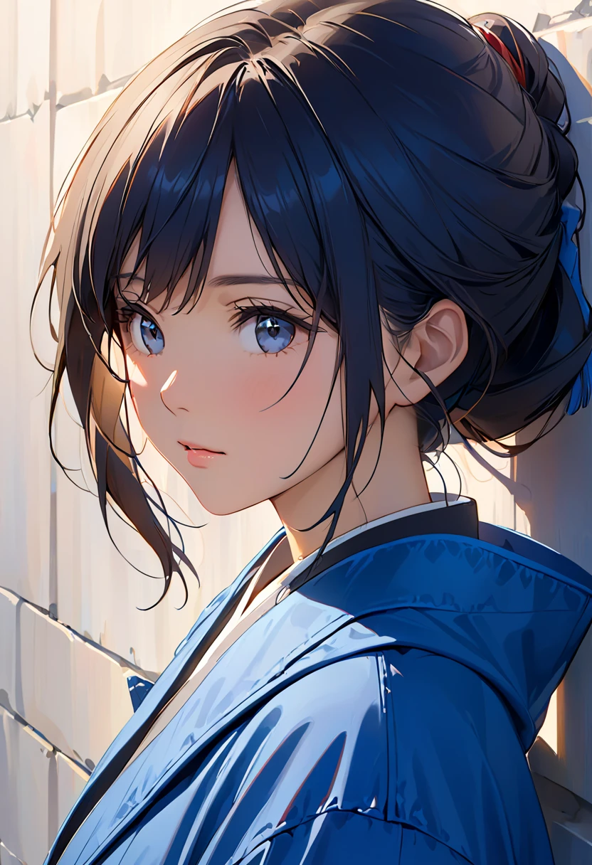  An Asian woman in a blue jacket is standing in front of a wall, face close-up, side light