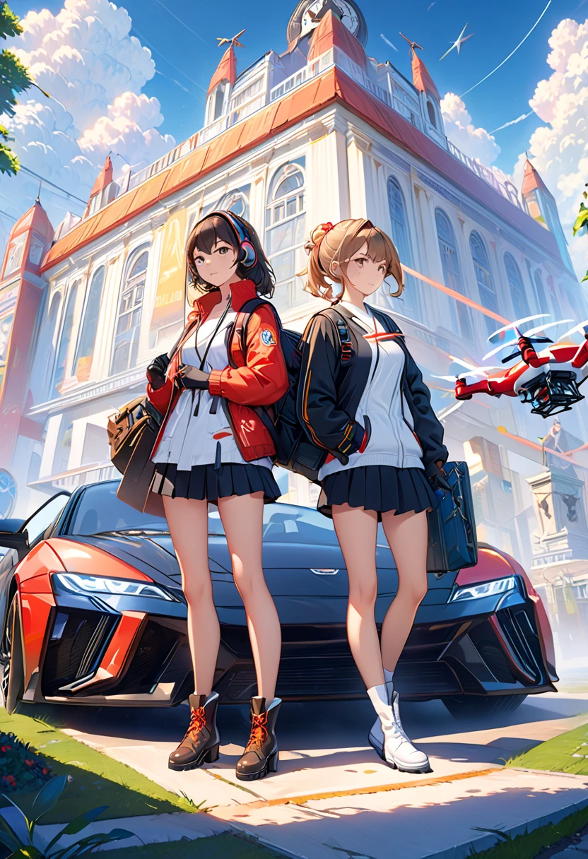 ((High Quality)), ((masterpiece)), 8k, 2girls, car, light, Highly Detailed CG Unity 8K Wallpaper, CG games, viewers, gloves, boots, full body, clock , computer, mask, drone, gun,  headphones , jacket, bag, backpack, camel toe, neon
