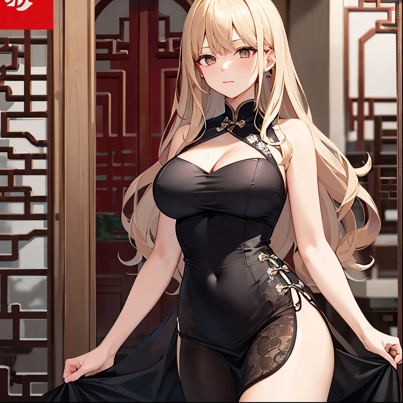 slender, mature female,breasts, brown_hair, long_hair, 1girl, large_breasts, dress, solo, blue_eyes, blush, open_mouth, jewelry, bare_shoulders, smile, earrings, thighhighs, looking_at_viewer,very_long_hair, braid, bangs, cleavage, high_heels, china_dress, :d, eyebrows_visible_through_hair, arm_up, plant, black_footwear, chinese_clothes, black_dress, hair_ornament, alternate_costume, sidelocks, hand_in_hair, outdoors, heart