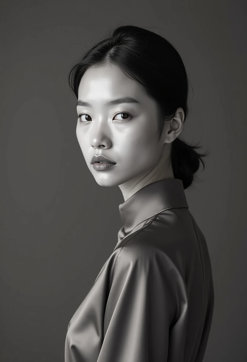 A striking, minimalist black-and-white portrait photograph, styled in the vein of Irving Penn, featuring a young, elegant woman of Asian descent, aged 25–30. Her expression is serene, yet subtly introspective, with her gaze directed slightly off-camera. Delicate, soft lavender and muted rose paintbrush strokes adorn her face, accentuating her high cheekbones and sharp jawline. Her dark hair is swept back neatly, revealing a long, graceful neck. She wears a simple, charcoal-grey silk blouse with gentle folds, the texture implied through careful play of light and shadow. Her posture is poised yet natural, a slight arch in her back exuding elegance. Positioned off-center within a 9:16 aspect ratio frame, a soft lavender halo — gently blurred — hovers behind her head, subtly separating her from a smooth, deep slate background. The lighting is soft and diffused, highlighting the interplay of skin texture and painterly details. The mood is tranquil, with a quiet elegance and timeless dignity. High-contrast rendering emphasizes the interplay of monochrome tones with the muted color accents. A slight vignette adds depth and focus. The aesthetic evokes early 20th-century portraiture blended with modern artistic expression. —ar 9:16 —v 6.1