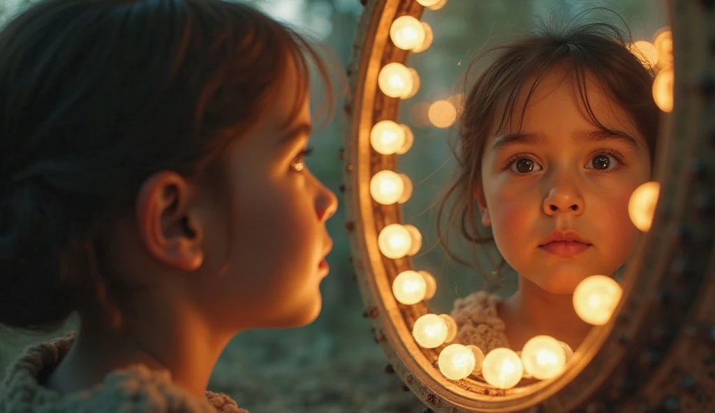 The picture shows a child looking in a mirror,But what is in the mirror is what children look like as adults。The picture is realistic and realistic。