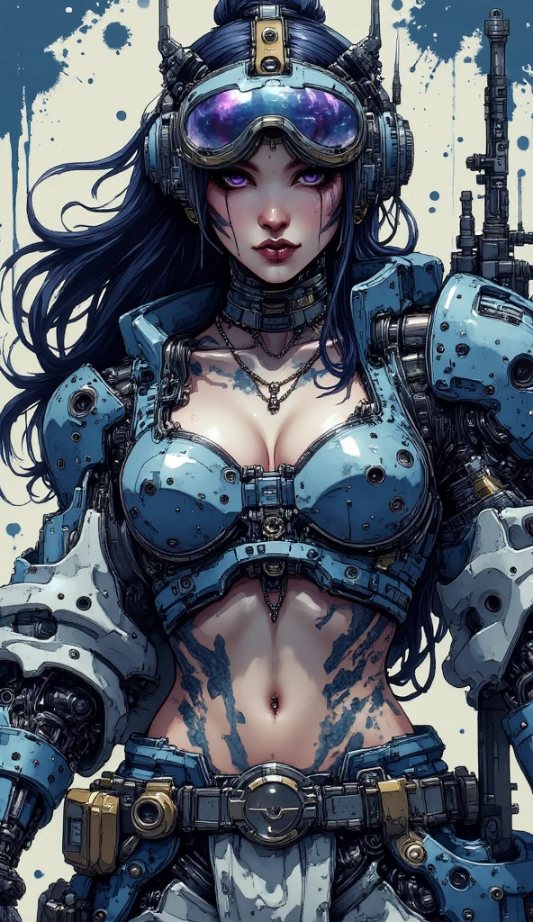 (ultra gigantic large breast:1.8),(((dynamic pose, dynamic camera shot)))marked under the clothes, marked cameltoe,(absurdres, highres, ultra detailed), 1woman, mature female, aged up, wavy long hair, split-color hair, heterochromia, bangs, long sleeves, finely detailed eyes and detailed face, extremely detailed CG unity 8k wallpaper, intricate details, (style-rustmagic:0.8), (medieval cyborg:0.8), portrait, (bloody wounds:0.7), looking at viewer, solo, half shot, detailed background, (steampunk theme:1.1) determined expression, dark couds technomancer, floating lights, color leather vest with gears, techwear, jetpack, workshop in background, machines, gears, steam, industry, technology, furnace, grime, anvil, buttons, levers, automaton, electricity, electric sparks epic atmosphere,, portrait