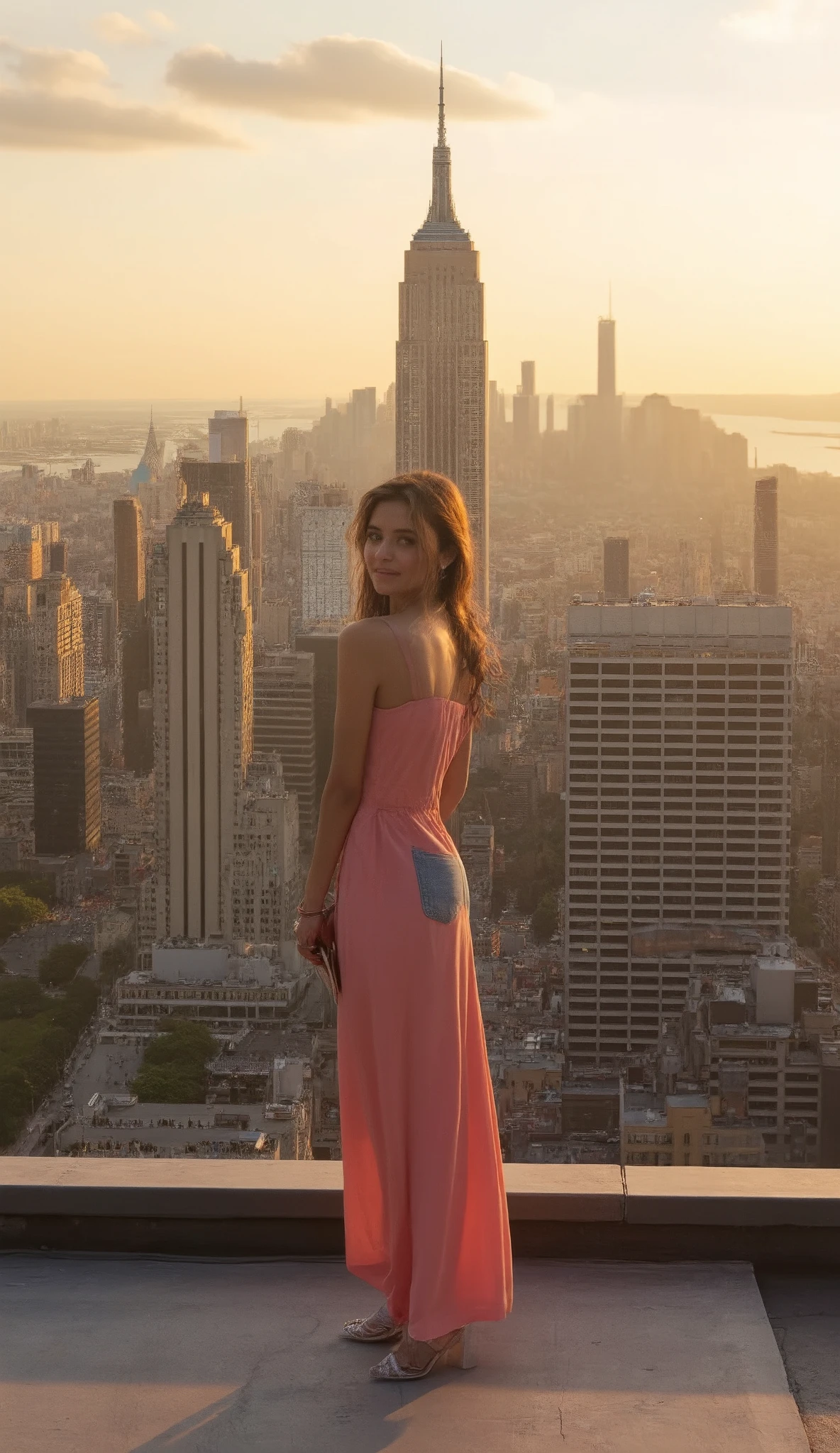 Hi-def images 、New York cityscape、View from the Rooftop of a Building、One Woman in Pink Dressed in Denim、Central Park and Freedom Tower 、 ( High Quality Summer ) A City Full of Fantasy、 Soft New York Sunset、Big Panorama as the Center Stage。