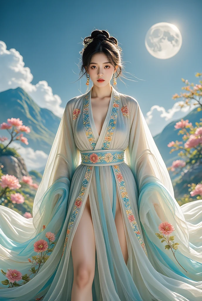 ( masterpiece, Top Quality, best quality, Official Art, beauty:1.2),（The Most detailed and clear facial features：2.0，Facial Contour：1.0） (1 Chinese Goddess:1.5), very detailed,( Dunhuang 艺术:1.1),( Dunhuang ，Colorful:1.1)(Flowers:1.3),Most detailed,(Zentangle:1.2), ( dynamic pose，Showing thighs:2.0), ( blue sky white clouds moon background :1.3), (Chinese embroidered Hanfu:1.2), (Spread Your Legs， creates glowing skin ，骆驼趾耻骨：1.2), ( many colors :1.4), ,(earrings:1.4),