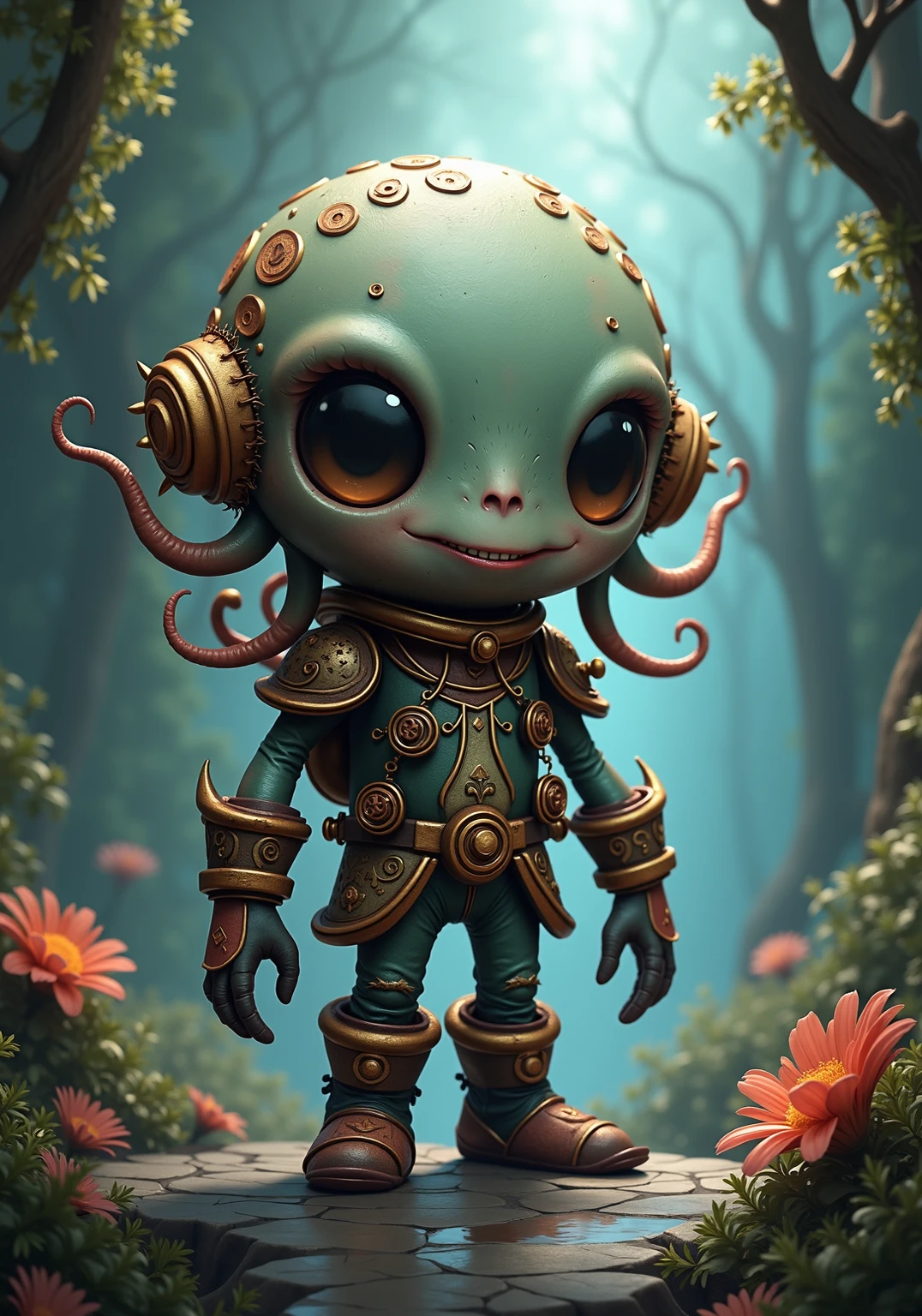 generate images of kawaii chibi character of squid head zany scarecrow with a horror fantasy theme, clothes must be highly intricate scuba diver style, elegant, and visually striking, resembling digital paintings. Concept art must be highly detailed and flaunt beauty, Artwork will be created by highly skilled artists known for their attractive, high-quality models. Character designs will be created by Pascal Branch Rutkowski, known for his hyper-realism. Images must be of the highest quality with cinematic lighting and 16K resolution. Great attention to symmetry will be used to make the characters mysterious and alluring. Artwork must be a masterpiece that displays total perfection and amazing attention to detail, including macro details, voluminous light, realistic reflections on surfaces, and ultra-detailed textures. Utilize cinematic effects to enhance the overall visual impact. For best quality, images should be UHD and in sharp focus,