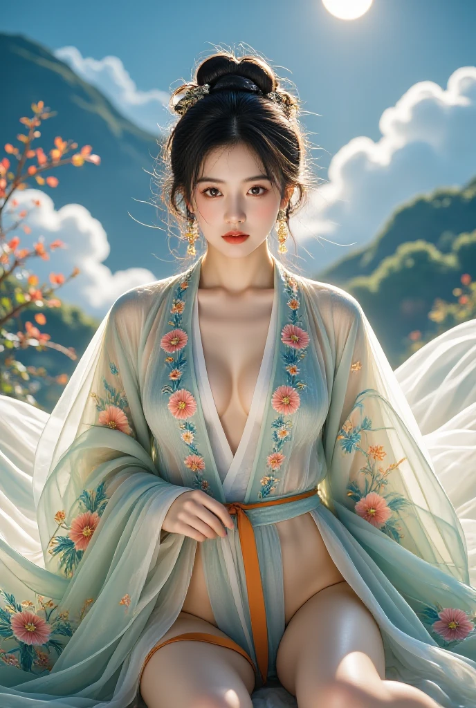 ( masterpiece, Top Quality, best quality, Official Art, beauty:1.2),（The Most detailed and clear facial features：2.0，Facial Contour：1.0） (1 Chinese Goddess:1.5), very detailed,( Dunhuang 艺术:1.1),( Dunhuang ，Colorful:1.1)(Flowers:1.3),Most detailed,(Zentangle:1.2), ( dynamic pose，Showing thighs:2.0), ( blue sky white clouds moon background :1.3), (Chinese embroidered Hanfu:1.2), (Spread Your Legs， creates glowing skin ，骆驼趾耻骨：1.2), ( many colors :1.4), ,(earrings:1.4),