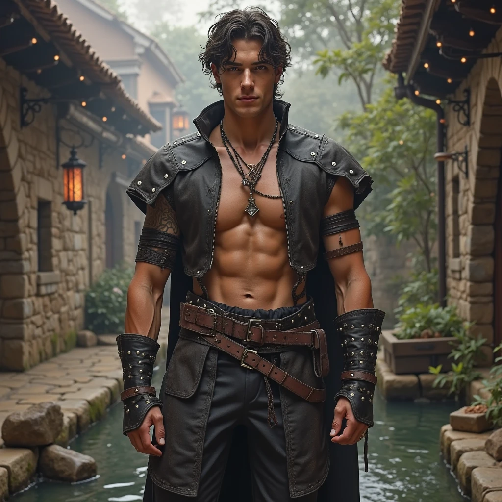 1 young man, brunette skin, medium hair, open shirt, exposed chest, defined muscles, tribal tattoo on the arm, long pants, booties, greeneyes, fully body, medieval village 