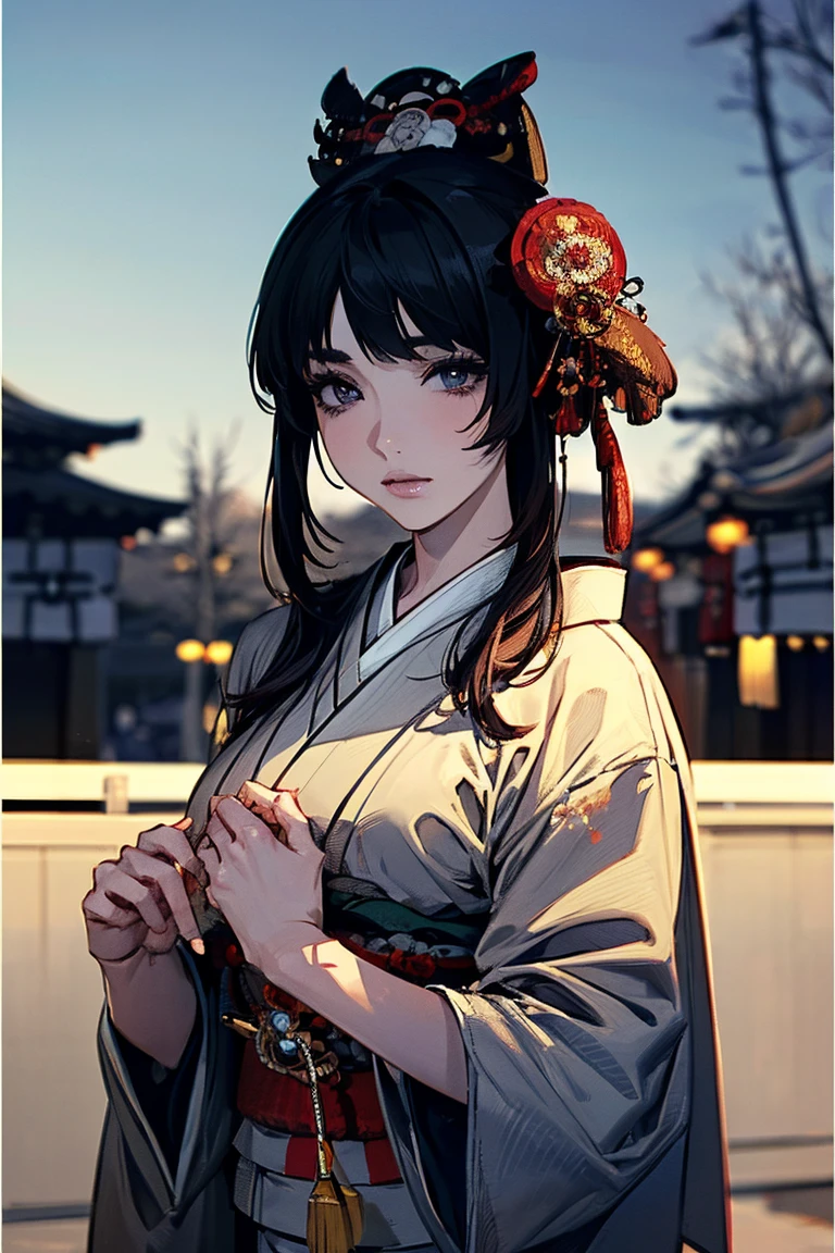 (masterpiece:1.5),beautiful hair,Beautiful Eyes,beautiful lips,Beautiful slender body,Big Breasts,cleavage,(Konno Anna:1.2),(Riho Yoshioka:1.1),(in the Imperial Court:1.3),(Riverside:1.4),bust illustration from the front ,((((the most beautiful woman in the world:1.7)))),(((( kimono,jacket,Taisho Romance:1.5)))),((19-year-old single woman holding a fish in her hand:1.1)),(accurately depicted anatomically correct hands:1.1)black hair,long lashes,Three-dimensional, jewel-like eyes,Very delicate and beautiful CG,2. 5D illustration, Anatomically Accurate Body, (very precise illustration:1.1),(Outdoors:1.4), (wallpaper:1.4),8k