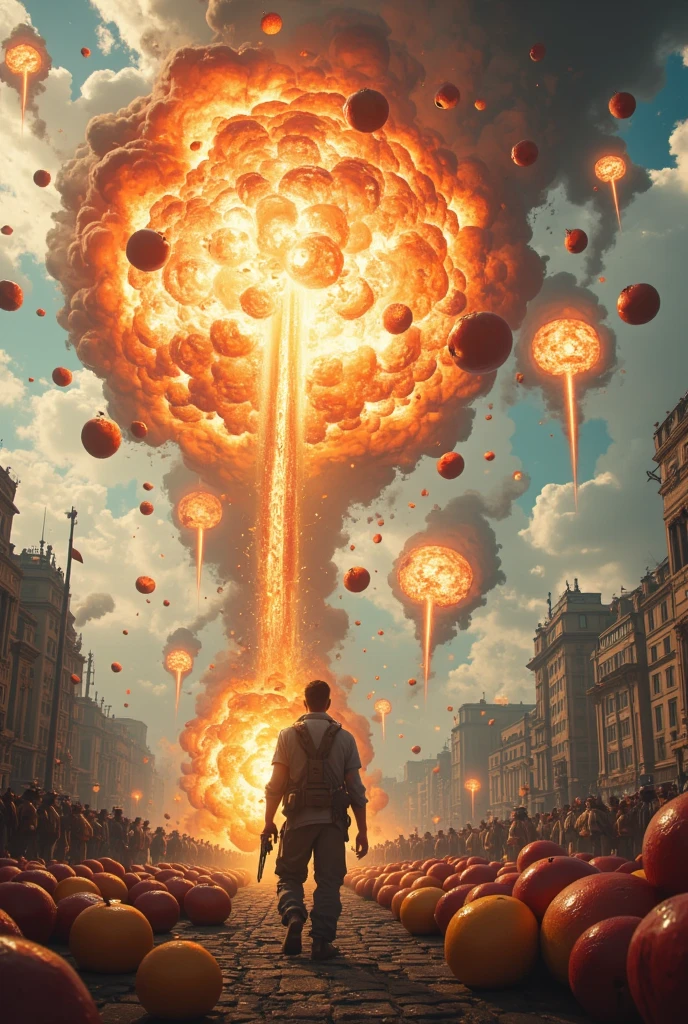  masterpiece, highest quality, high resolution, 4k,8k,(realistic, photo realistic: 1.5),「fruit weapon」,Fruit Air Raid,Drop、Drop、Fruit Bomb Rain Arare