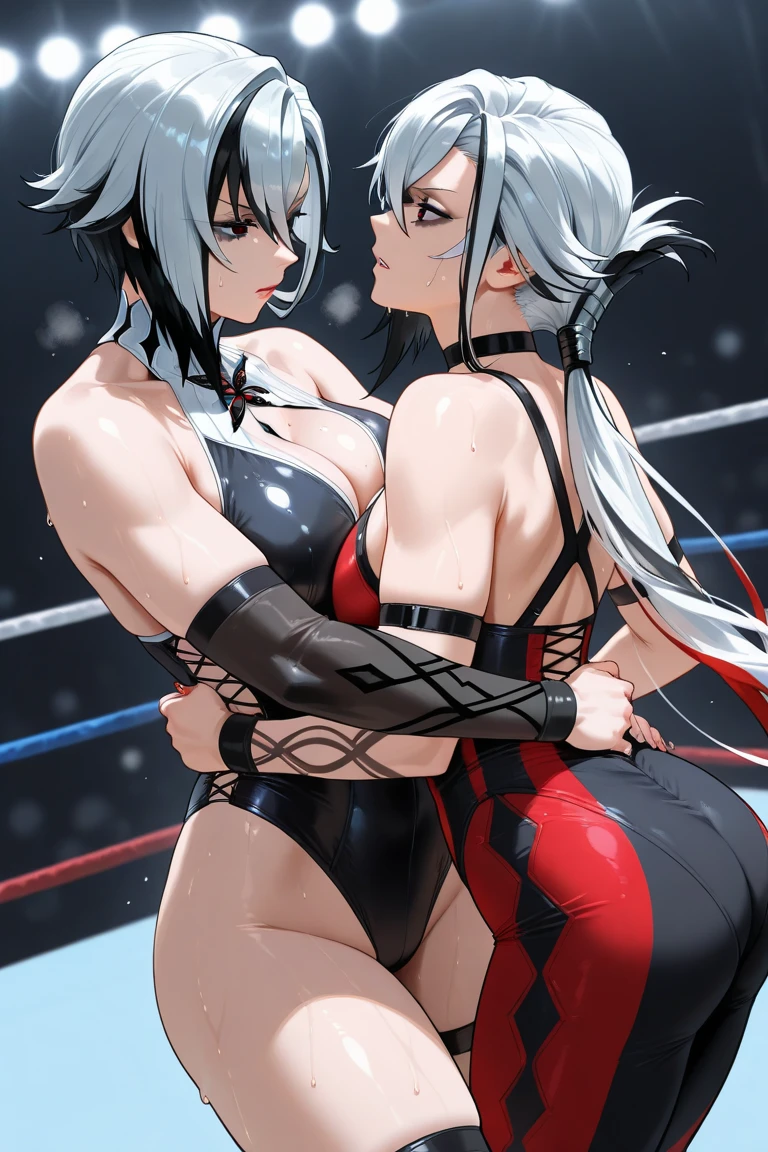 Two beautiful girls、fighting in a professional wrestling match、Female professional wrestler,Japanese、White one-piece ruffled wrestling costume,Pro wrestlingブーツ,Wristband,Pro wrestling,Black straight hair,Looking into each other's eyes、Painful expression、The whole body is visible from head to toe