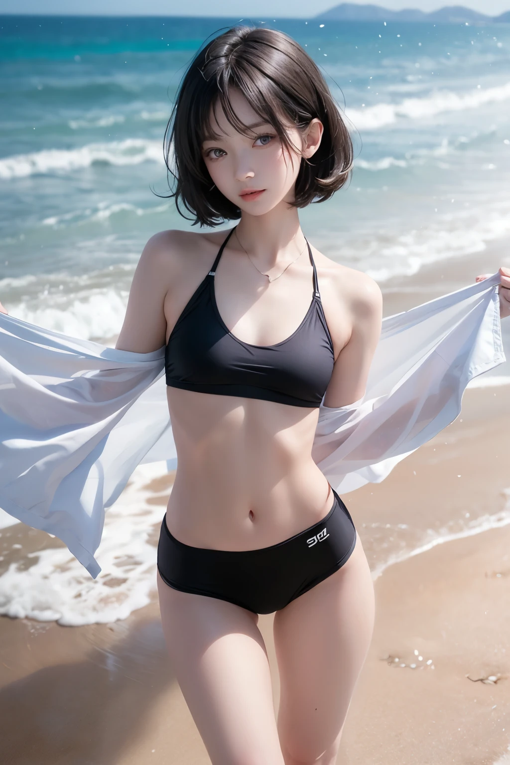 (RAW Photo: 1.4), lie on the beach, Ultra HDTV, HDR, 8k, Anatomy Human, (underboob: 1.8), 1girl, 6headed body, (Photorealistic: 1.2), head to clotch, bob cut, very droopy eyes, infant very round face, high-detailed face, largest black eyes, (Masterpiece: 1.4), childish body line, open legs, camel toe, (Best Definition: 1.3), smile, hide hands, (very sheer mesh black bandeau bikini: 2)