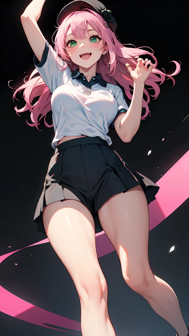 1girl,20s,medium hair, pink hair,pink eyes, surprised expression,open mouth,medium breasts,cleavage,white shirt,black skirt,short sleeves,standing,no background,from side,full body,breasts squeezed together, hands on own chest