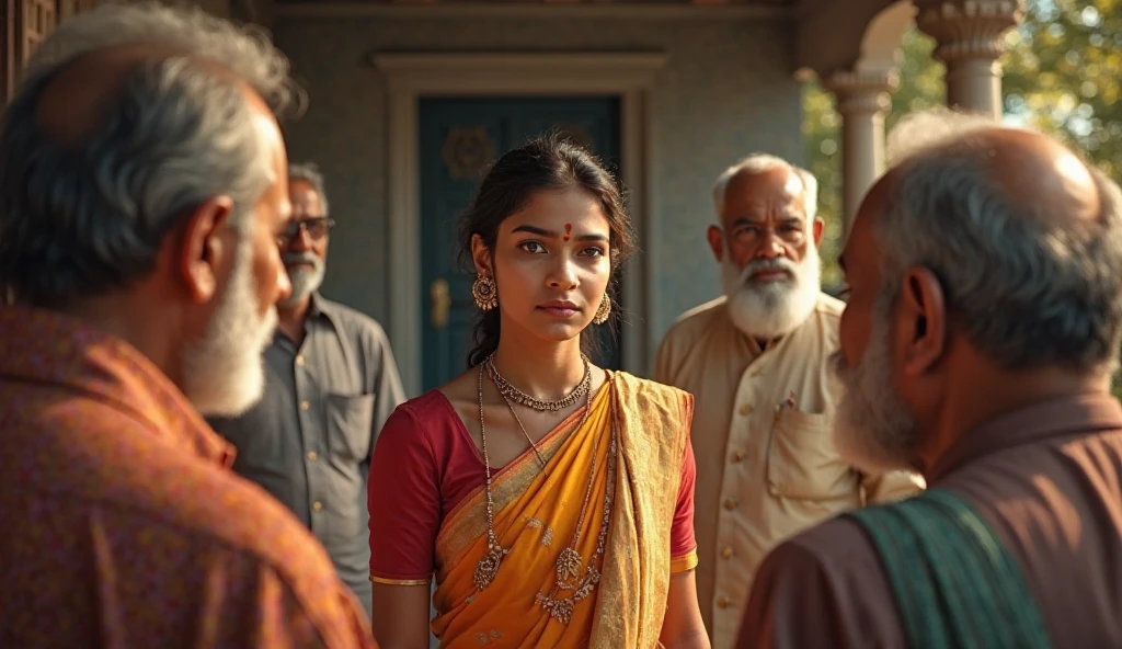 young Indian girl and her family photo  1 father , 1 mother, 1 brother , 1 sister, retro style, ugly dress, poor girl surrounded by people ,  gentle sun lighting on face , firm boobs,  wearing low waist saree,  wide background,  full body photo, village , Ugly Slum, , village girl vibe, intricate facial details, full body picture,pose flawless complexion, top-notch 3D rendering, hyper-realistic, shot on Indian road. photorealistic digital art trending on Artstation 8k HD high definition detailed realistic, detailed, skin texture, hyper detailed, realistic skin high resolution, detailed, raw photo, 400 camera f1.6 lens rich colors hyper realistic lifelike texture