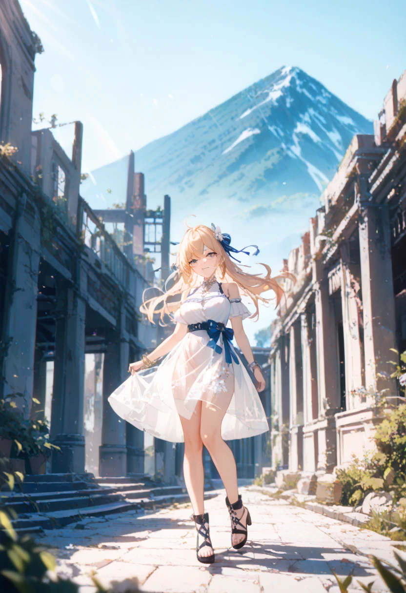 solo, standing skinny girl, long white hair, frilled white sheer dress, very short dress, too tight corset, white thighhighs, BREAK, red eyes, BREAK, golden tiaras, BREAK, large breasts, cleavage, collarbone, BREAK, skinny long legs, thigh gap