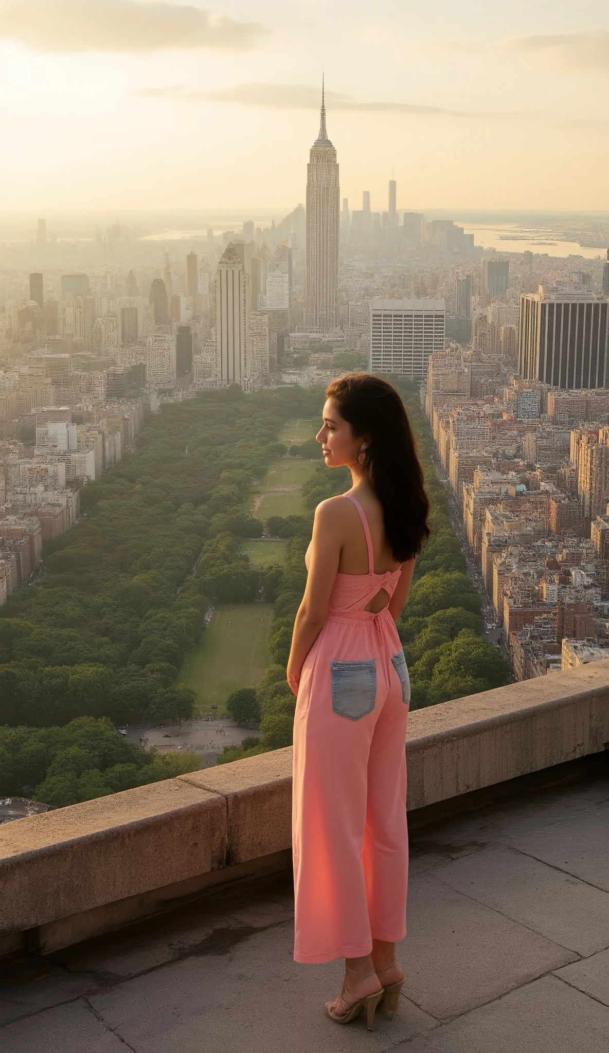 Hi-def images 、New York cityscape、View from the Rooftop of a Building、One Woman in Pink Dressed in Denim、Central Park and Freedom Tower 、 ( High Quality Summer ) A City Full of Fantasy、 Soft New York Sunset、Big Panorama as the Center Stage。