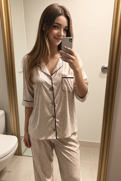 Medium-chested, short-haired woman taking a selfie in the bathroom wearing pajama clothes that look super realistic