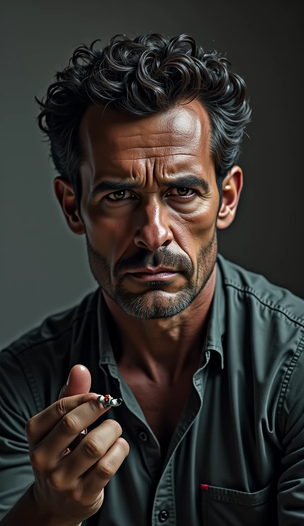 Ultra-realistic image, 4k, hd, Of a man with curly hair, pele negra, without a beard with smooth skin, 40 anos, with cigarette in hand, cara de mau.