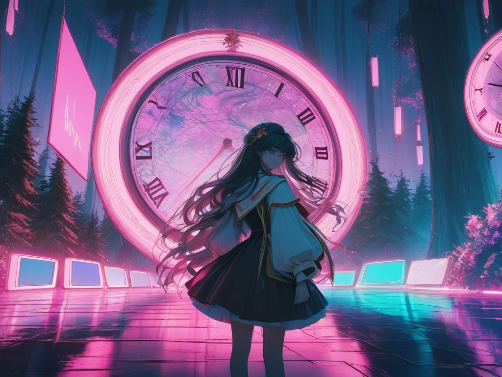 (Shoujo Kakumei Utena Style shadow picture:1.5),(sシルエット) ,(vaporwave:1.5),Cyber nostalgia explosion,Glitch Effects,pink gradation, (masterpiece, best quality:1.2, 8k,16k,high-resolution,(Mirror clock:1.3)（Dark Forest:1.3),Fantasy World、It suddenly happened one day, and the beginning was a letter, and the sender lived a long time ago, such a mysterious encounter

There are things like this in my time now, and we live like this, a romance that somehow blossomed while we were putting it into letters and communicating with each other

Words spelled from each of our worlds that we will never meet without even knowing how to solicit feelings

I'm always waiting impatiently for your words, I live in a different era, but I want to communicate with you over and over again if your wishes come true, I want to meet you because it's fine at first sight because I like you

What I suddenly remembered was the era you live in, what will happen tomorrow, if I have to tell you sad things, please wake up, miracle

Passing by and the changing seasons, letters that have been interrupted since then, only words that don't arrive anymore tighten my heart

I'm still walking in the future that you wanted to see 100 years far away, now I'm still walking, the letter that arrived to me with painful feelings in my heart looks familiar and the characters I've been waiting for

It's the last love letter you wrote to me beyond that day, I'll hold on to the proof that you lived in your time even after eight generations, and I'm going to tell you all that I see in my time someday