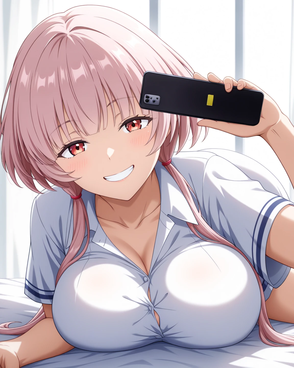 Bed, night, masterpiece, Highest quality, High resolution, naked.全naked.Pink Hair.Clear eyes、Huge 