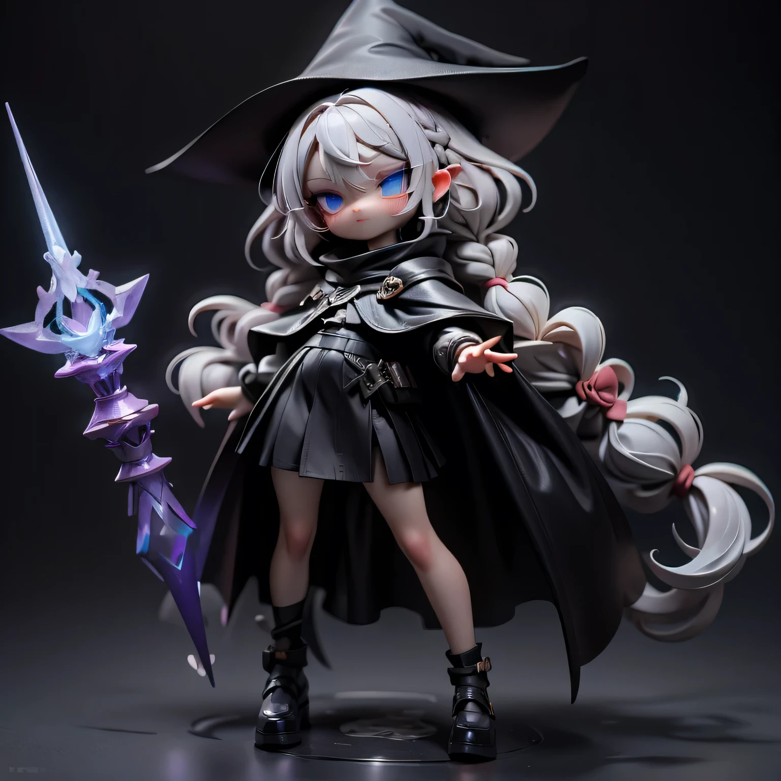 in this full-body portrait、She has braided hair、 Silver Hair、is a miniature female character with blue eyes、dressed in a black maxi skirt、posing to cast a purple fire spell with a magic wand。 a black hat like a black mage、black cloak、and、finished with the highest quality 3DCG illustration based on white。Make sure the background is transparent。