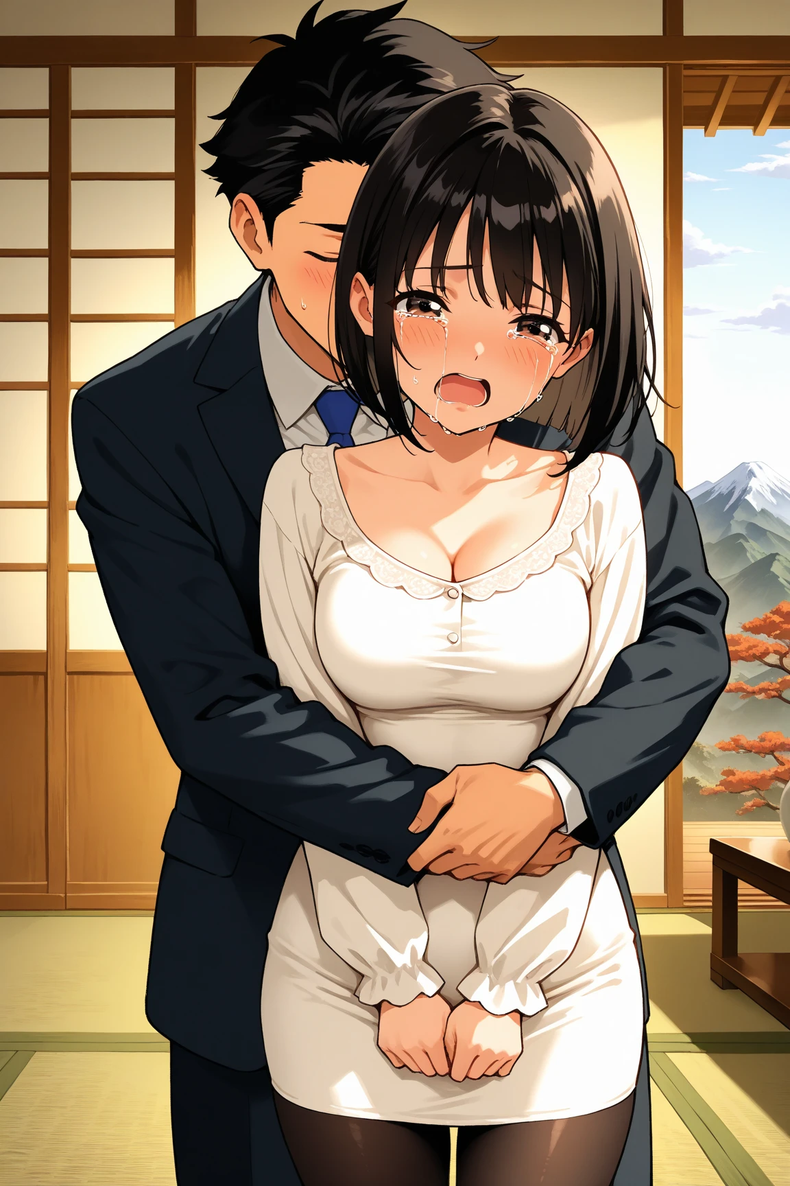 1girl, crawl position, sex from behind, 1boy, Doggystyle, (1boy, buzzcut, muscular, brown eyes, nude ,penis , boy touching girl chest,chestgrope from behind, boy caressing girl's body, breast groping, breast grope, hold breast,) (1girl, bangs, black hair, long hair, blush, brown eyes, collared shirt, long sleeve white shirt buttons, unbuttoned shirt, open shirt, medium breast, nipples, pink nipples , bottomless, cum inside , creampie, vagina insert by penis) indoors, bed,bedroom, lamp, cowboy shot, sex,sex from behind, thrusting