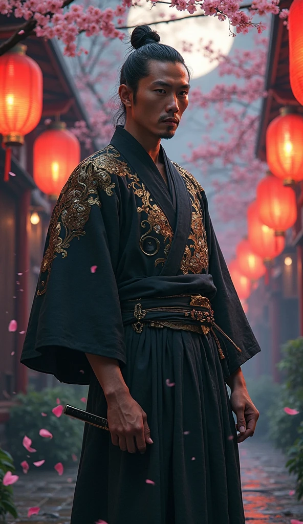 Fumio Kishida in yakuza-inspired black kimono with gold embroidery, standing under sakura trees at night, katana sheathed in hand, red lanterns swinging in wind, stoic expression, 9:16 vertical frame