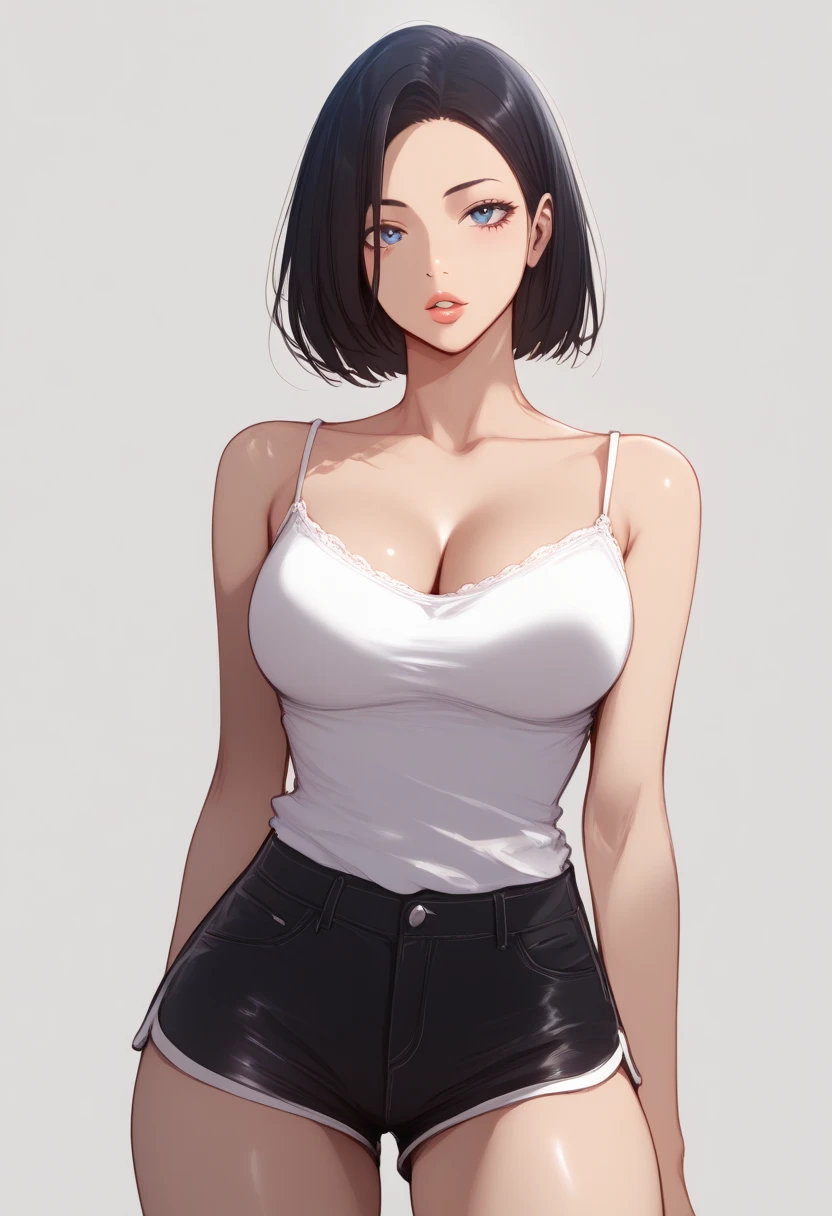 standing, pose sensual, mascara, soahdef, black hair, olhos azuis, short hair
looking at the spectator, Sozinho, big breasts, half-open lips, large seios, camisola, tiro de cowboy, 1 , black shorts, mini shorts, shorts, ombros nus, collarbone, cleavage masterpiece, Best Quality, Perfect highlight for complex anatomical features. The SFX symbol complements the visual art handle , Engaging the viewer. The level of detail is inspiring , with meticulously crafted complex elements , Realista 1.2,