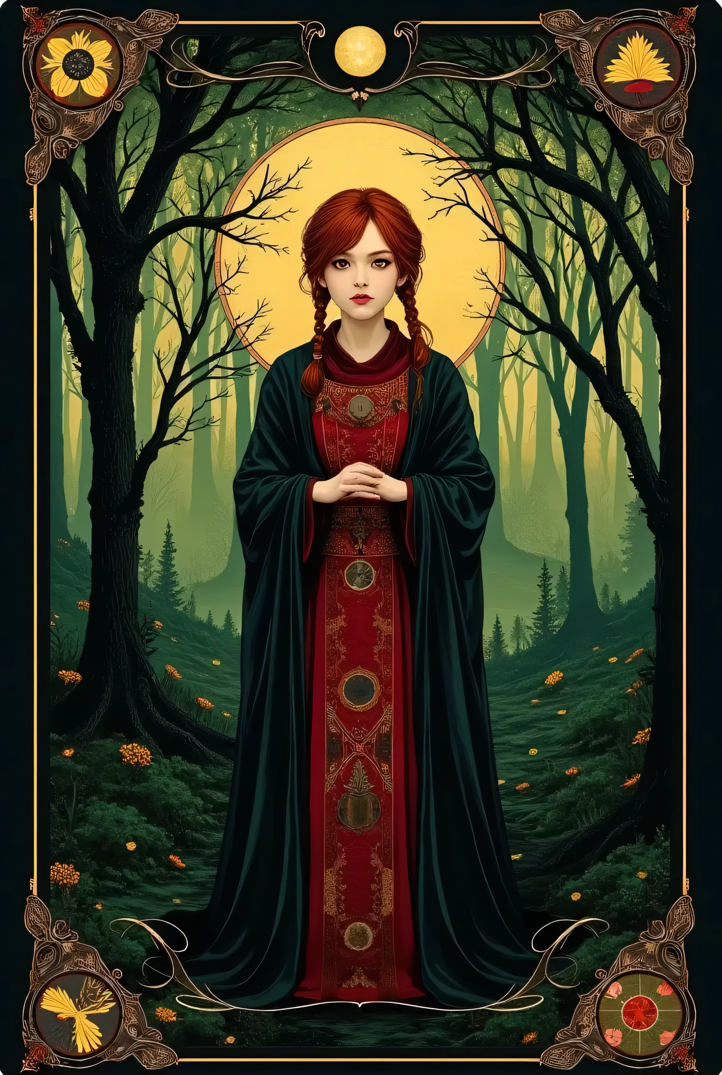 (Tarot card: 1.0), Woman in priest's robes standing in dark forest、English woman, golden eyes、red hair、pigtails, encircling tree々Vines、Multiple symbols floating around、一貫して pattern化された作品、Projected Shadows、 minimalism、Brilliant Color Palette、forest green and vermilion color scheme、Dark Fantasy Illustration、mute light、 Mysterious and Fantastic 、An atmosphere that makes you feel uneasy、surreal、illustration style、A beautiful digital fantasy、Best Quality、masterpiece、 pattern1、DR34ML4ND's